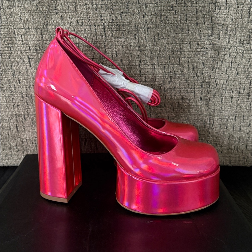 Lace Up Pink Platform Heels - Picture 3 of 5